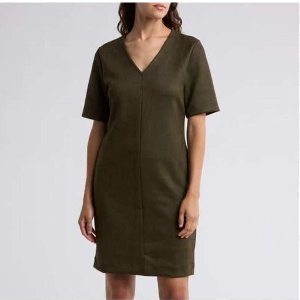Spanx Faux Suede Short Sleeve Vneck Column Dress, Utility Green, Sz Large NWT